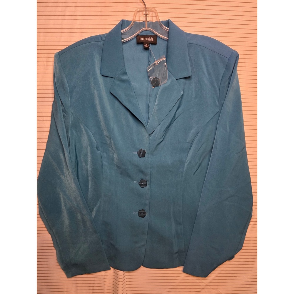 1328 Metrostyle Teal Blue Three Button Blazer Size 14 Professional Office Wear